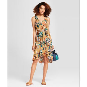 Women's A New Day Floral Wrap Dress Tan/Green Size M